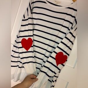 Marled Navy-and-White Striped Sweater with Red Heart Elbow Patches